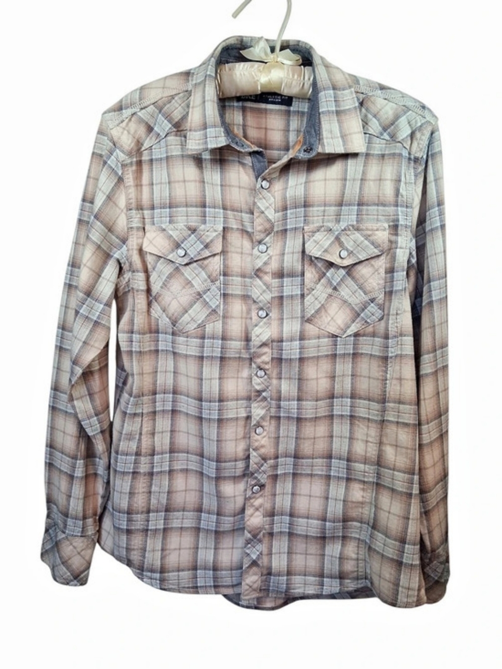 BKE Plaid Cotton Snap Shirt in Brown & Blue Size Medium